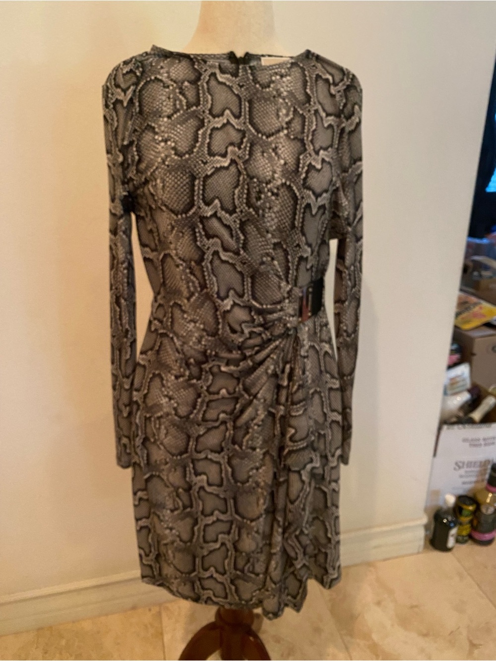 MICHAEL Michael Kors Long-Sleeve Snake-Print Dress in Gray and Black